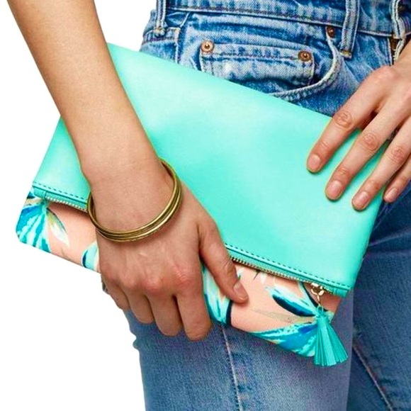 Anthropologie Handbags - Anthropologie Pink and Green Faux Leather Fold Over Reversible Clutch NWOT